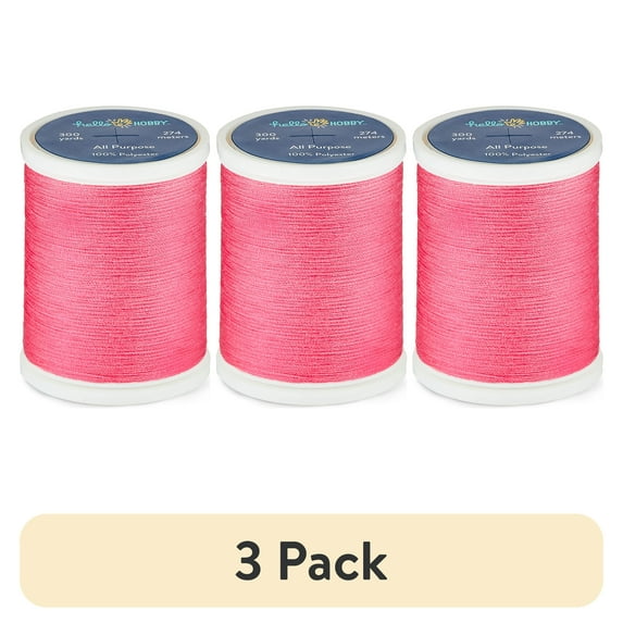 (3 pack) Hello Hobby Bright Pink 100% Polyester All Purpose Thread, 300 Yards