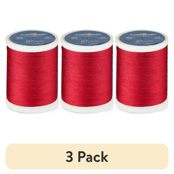 (3 pack) Hello Hobby Carmine Red 100% Polyester All Purpose Thread, 300 Yards