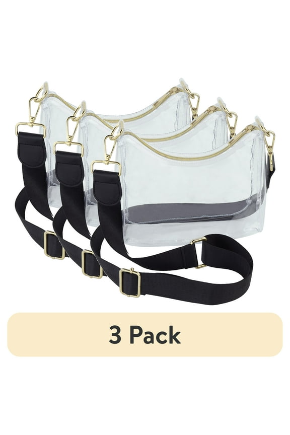 (3 pack) Hello Hobby Clear Crossbody Handbag with Gold Zipper and Adjustable Strap