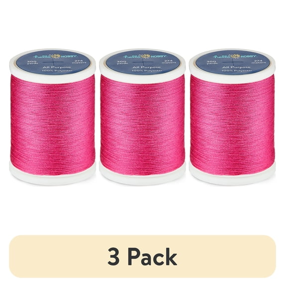 (3 pack) Hello Hobby Deep Fuchsia Pink 100% Polyester All Purpose Thread, 300 Yards