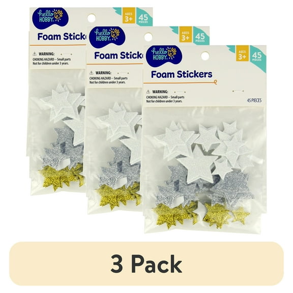 (3 pack) Hello Hobby Glitter Foam Star Stickers, Multicolor Die-Cut Shapes, Soft Texture