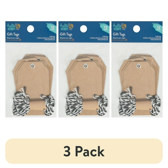 (3 pack) Hello Hobby Kraft color Paper Gift Tags, 3" x 1.75 x 0.0625 (12 Count)