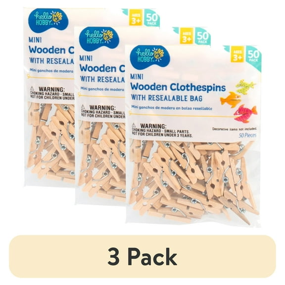 (3 pack) Hello Hobby Mini Wood Clothespins With Resealable Bag, 50-Pack