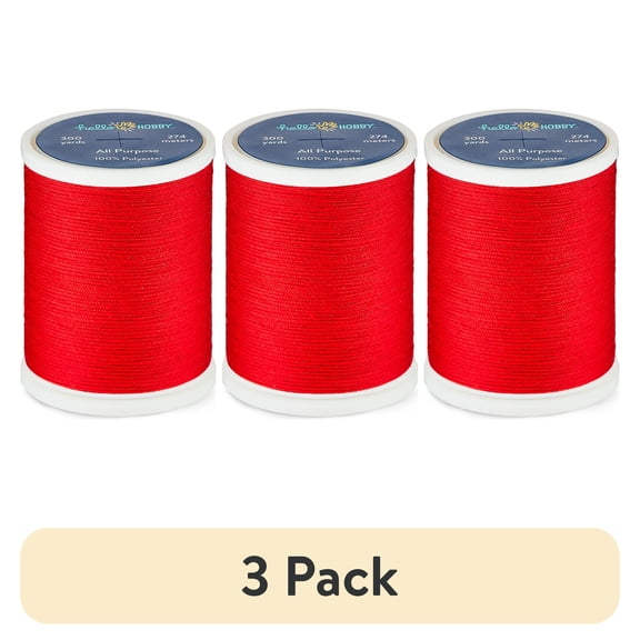 (3 pack) Hello Hobby Red 100% Polyester All Purpose Thread, 300 Yards
