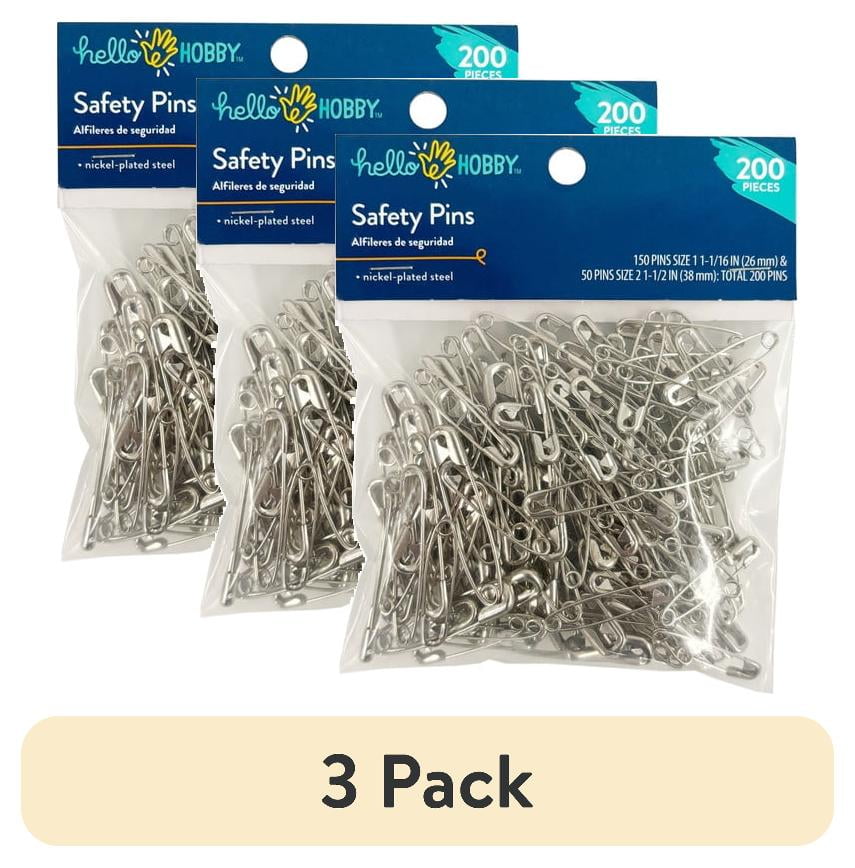 (3 pack) Hello Hobby Silver Safety Pins 200 Count with Assorted Sizes, Nickel-Plated Steel
