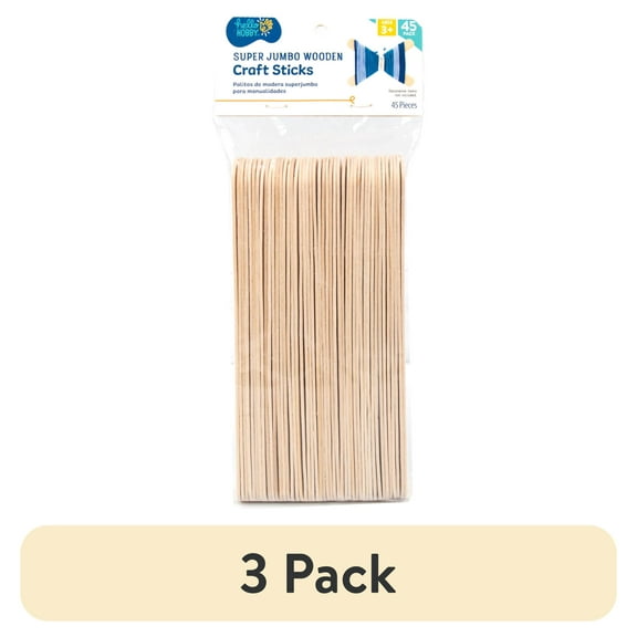 (3 pack) Hello Hobby Super Jumbo Wood Craft Sticks, 45-Pack