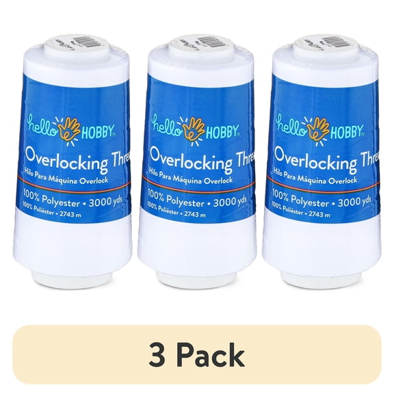 (3 pack) Hello Hobby White 100% Polyester Overlocking Thread, 3000 Yards