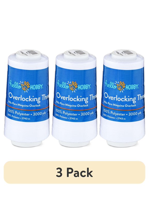 (3 pack) Hello Hobby White 100% Polyester Overlocking Thread, 3000 Yards