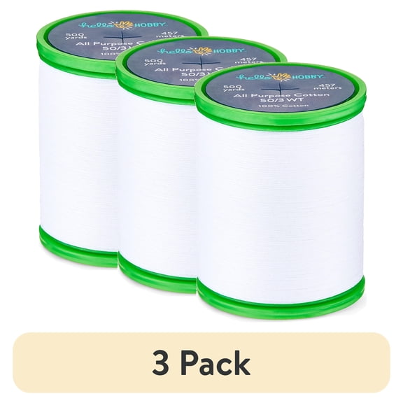 (3 pack) Hello Hobby White Pima Cotton Thread, All Purpose, 50/3 WT