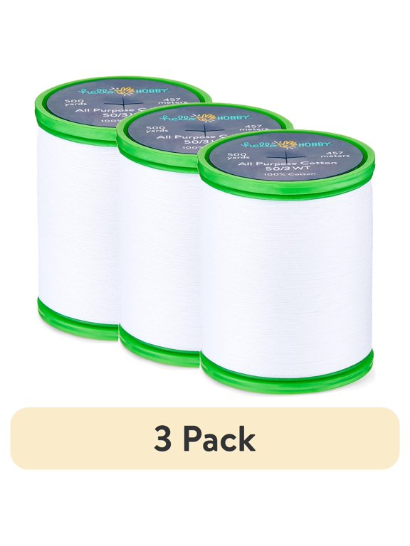 (3 pack) Hello Hobby White Pima Cotton Thread, All Purpose, 50/3 WT