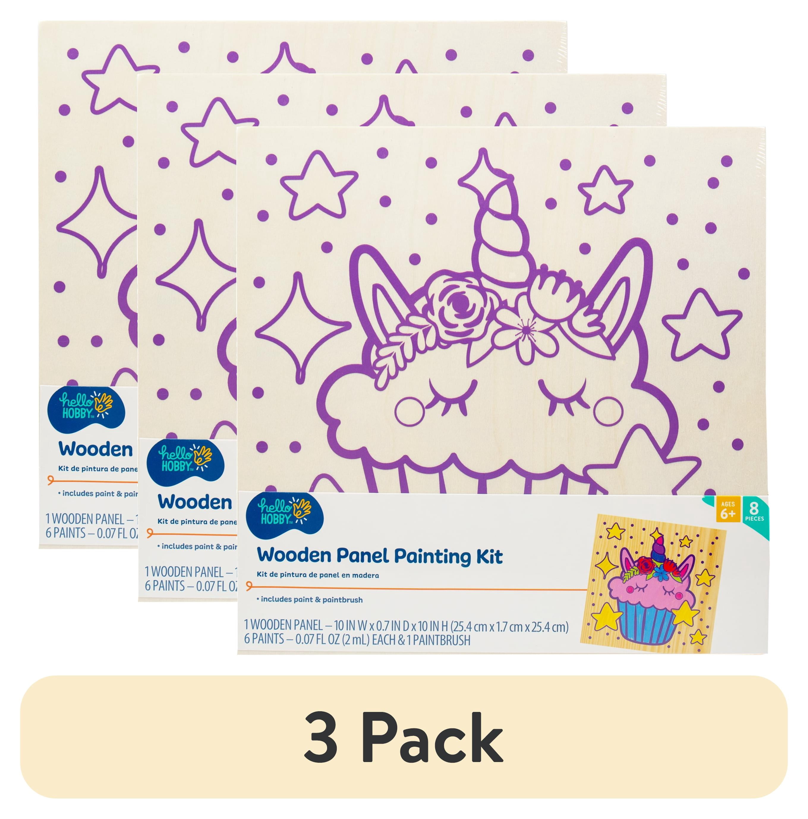 (3 pack) Hello Hobby Wood Art Board Painting Kit, Purple Unicorn Cupcake Design, 6 Acrylic Paints, Boys and Girls, Child, Ages 5+
