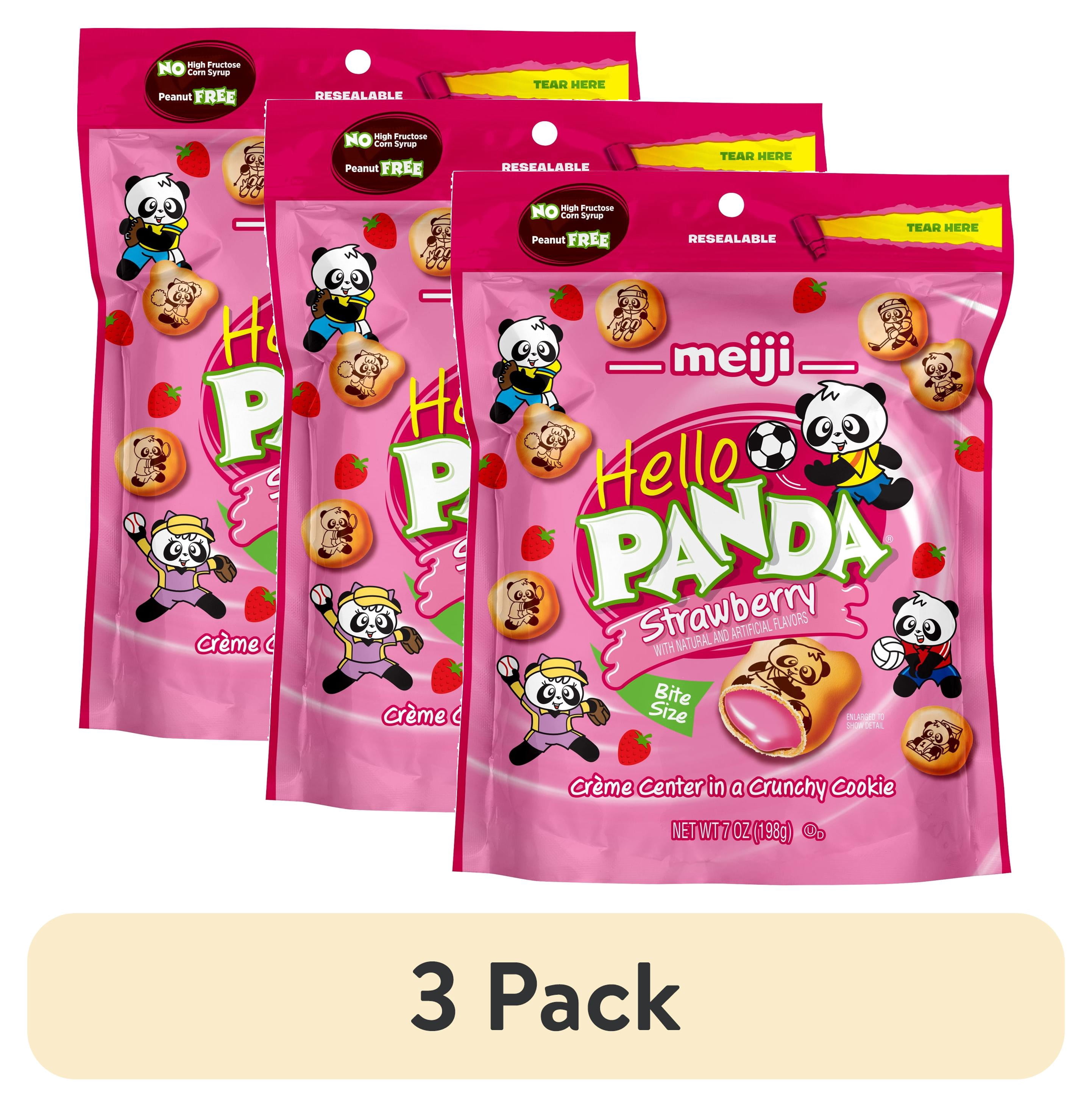 (3 pack) Meiji Hello Panda Strawberry Crème Cookies, Bite-Sized Kids Snack, 7oz Resealable Pouch