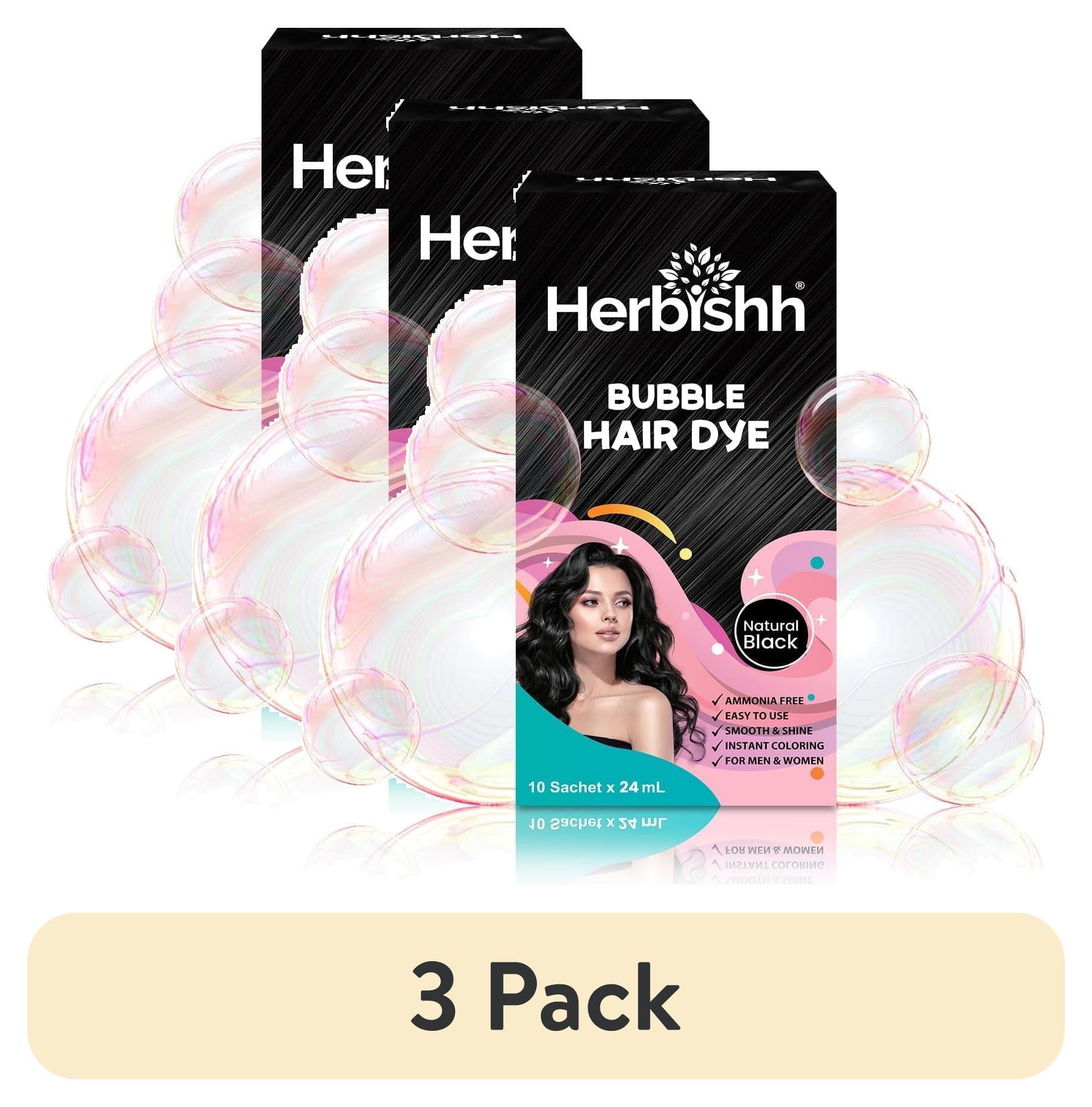 (3 pack) Herbishh 3-in-1 Bubble Foam Hair Dye Shampoo, Black, 10 Sachets x 24ml, Ammonia-Free, Long-Lasting Color for Men & Women
