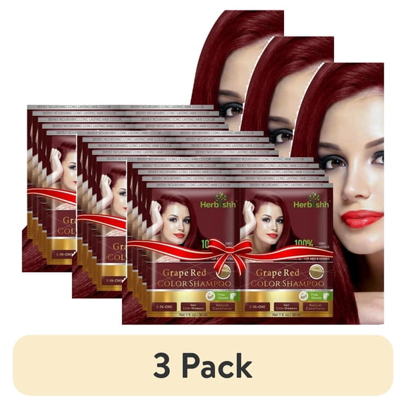 (3 pack) Herbishh Hair Color Shampoo for Grey Hair – Hair Dye Shampoo with Bio-Active Ingredients – Long Lasting Color – Travel-Friendly Pack (10 x 30ml Sachets) + 1 Pack Hair Mask Sachets (Grape Red)