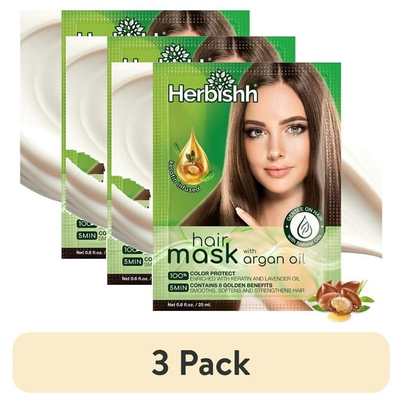 (3 pack) Herbishh Argan Hair Mask with Keratin for Deep Conditioning & Hydration, Revives Frizzy & Damaged Hair, Sulfate & Paraben Free, 25 ml