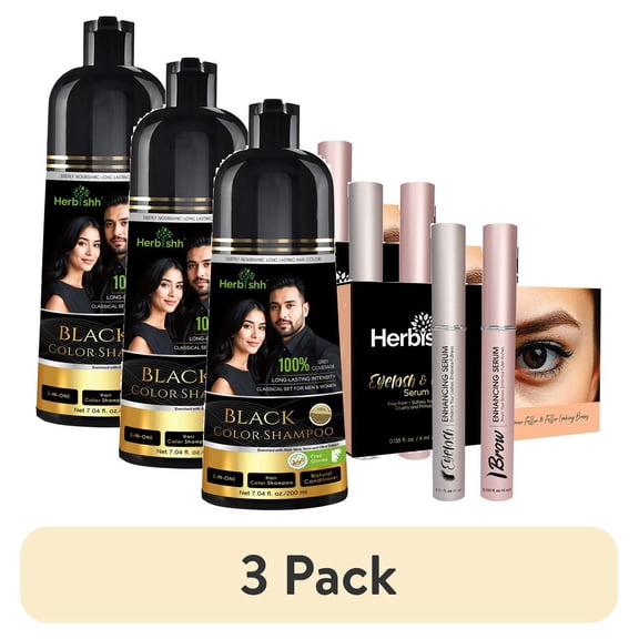 (3 pack) Herbishh Black Shampoo, Hair Dye Shampoo 3 in 1, 100% Grey Coverage, Demi-Permanent Hair Color for Men & Women, With Eyelash & Eyebrow Enhancing Serum Combo