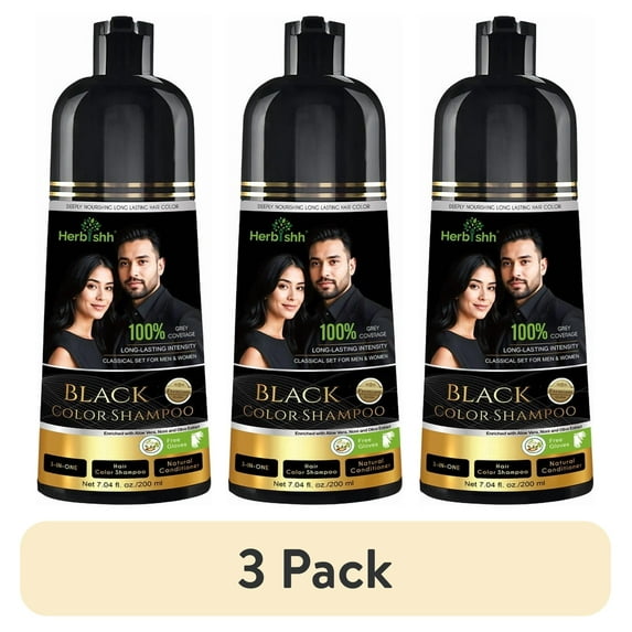 (3 pack) Herbishh Black Shampoo, Hair Dye Shampoo 3 in 1, 100% Grey Coverage, Demi-Permanent Hair Color for Men & Women, With Hair Mask Cream Combo
