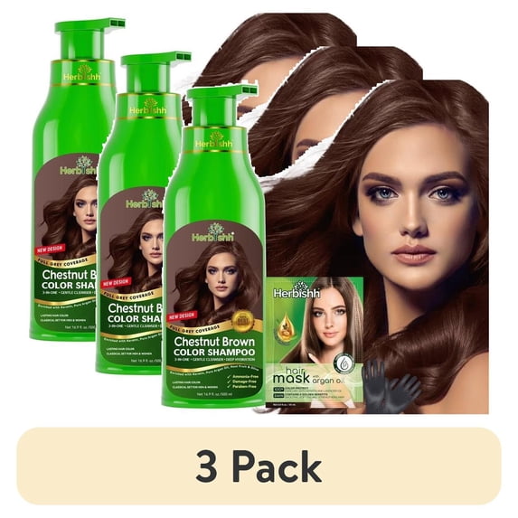 (3 pack) Herbishh Chestnut Brown Hair Dye Shampoo 500ml, Color Shampoo for Grey Hair, 3-in-1 Natural Hair Dye, Ammonia-Free Formula, Hair Color for Women & Men