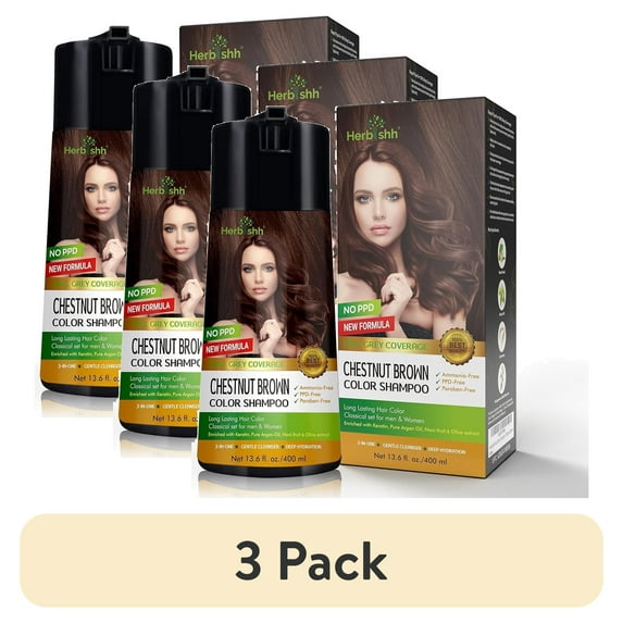(3 pack) Herbishh Chestnut Brown PPD-Free Hair Color Shampoo for Gray Hair, Hair Dye Shampoo 3 in 1, 100% Gray Coverage, Permanent Hair Color for Men & Women, Ammonia-free, 400 ml