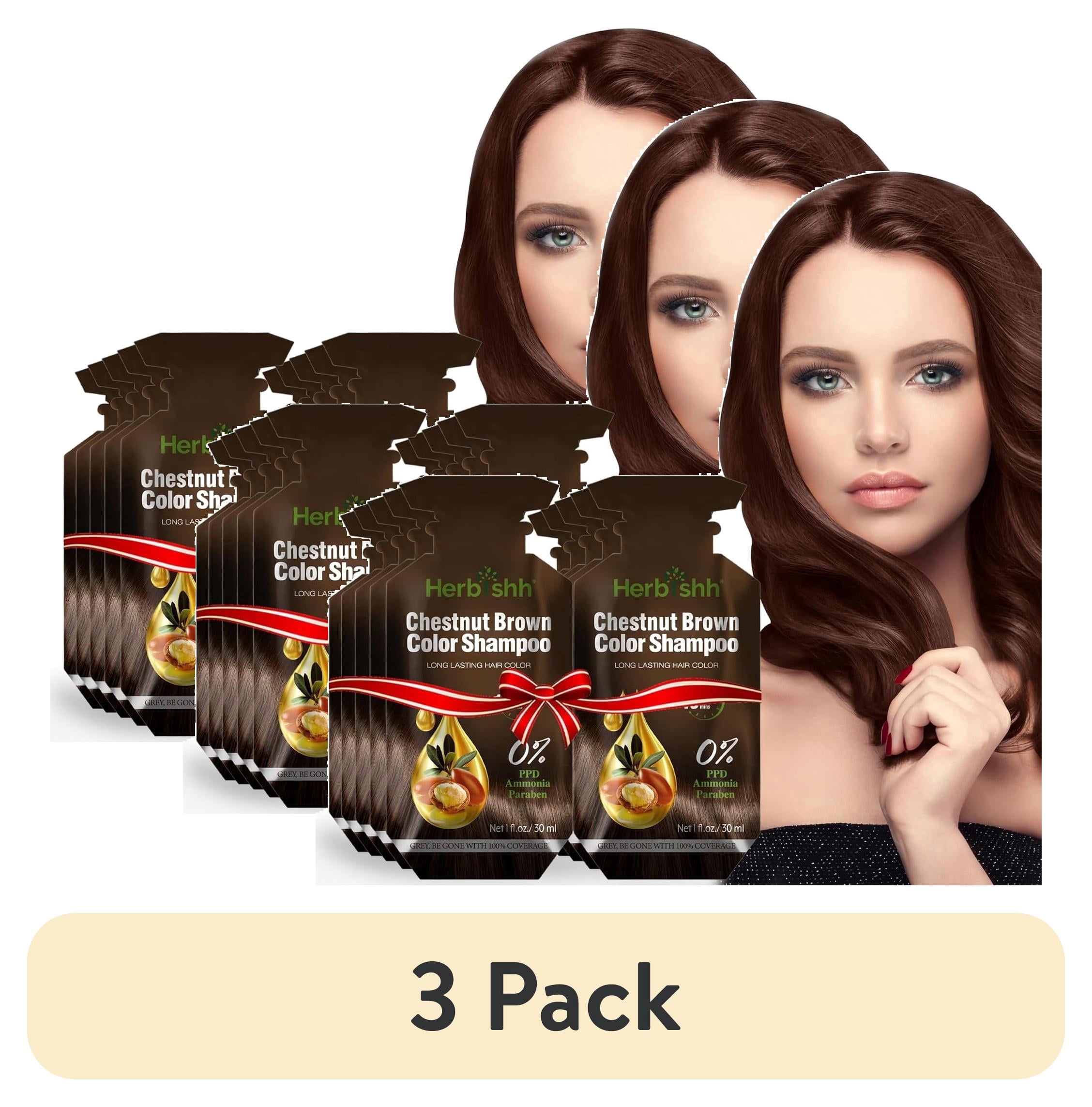 (3 pack) Herbishh Chestnut Brown PPD-Free Shampoo for Gray Hair, Travel-friendly Hair Dye Shampoo 3 in 1, 100% Gray Coverage, Permanent Hair Color for Men & Women, Ammonia-free, 30 ml