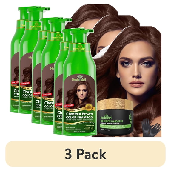 (3 pack) Herbishh Combo Pack - 2 Pc Hair Color Shampoo, Long Lasting Color, (500 ml, Chestnut Brown) + 1 Pc Argan Hair Mask, Nourishes Dry & Frizzy Hair (150 ml)