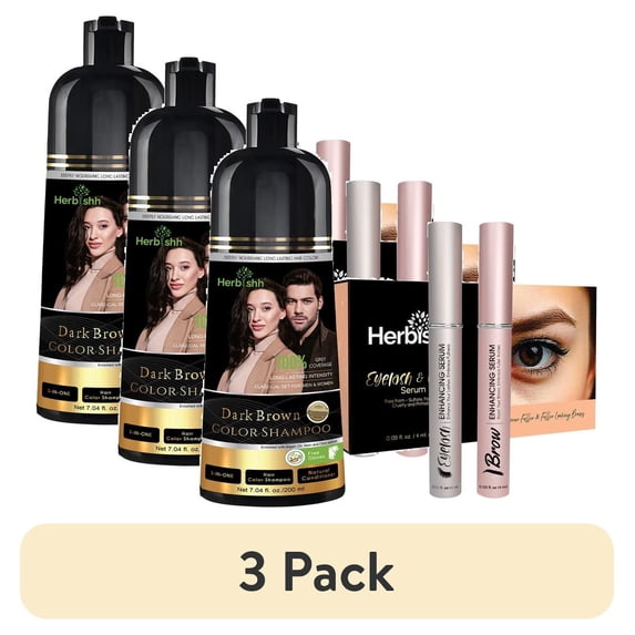 (3 pack) Herbishh Dark Brown Shampoo, Hair Dye Shampoo 3 in 1, 100% Grey Coverage, Demi-Permanent Hair Color for Men & Women, With Eyelash & Eyebrow Enhancing Serum Combo