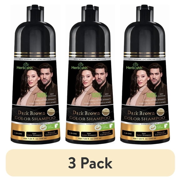 (3 pack) Herbishh Dark Brown Shampoo, Hair Dye Shampoo 3 in 1, 100% Grey Coverage, Demi-Permanent Hair Color for Men & Women, With Hair Mask Cream Combo