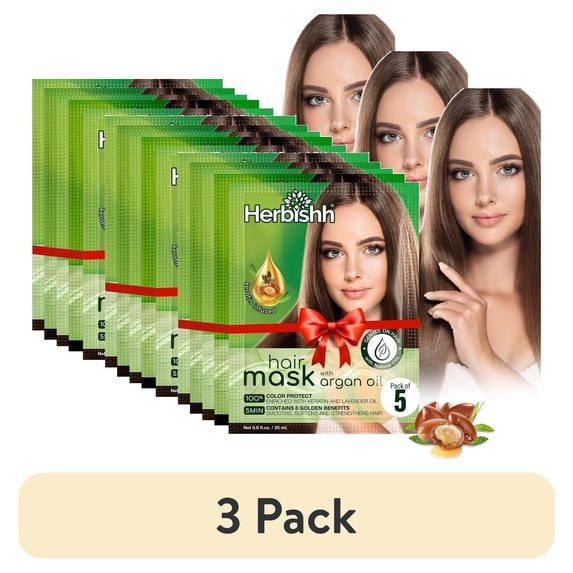 (3 pack) Herbishh Argan Hair Mask with Keratin for Deep Conditioning & Hydration, Revives Frizzy & Damaged Hair, Sulfate & Paraben Free, 25 ml