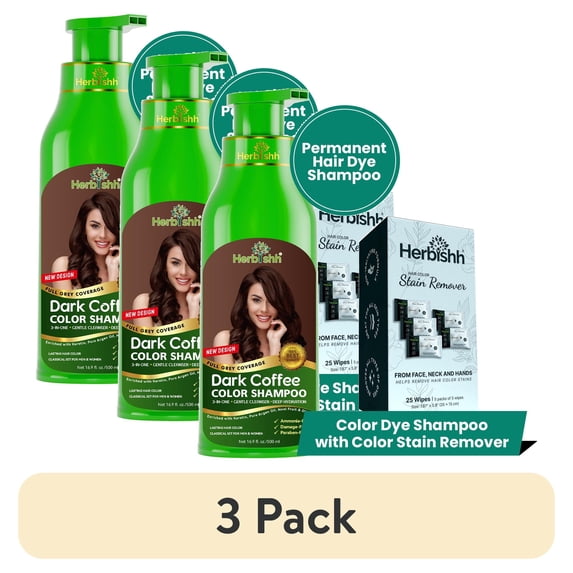 (3 pack) Herbishh Hair Color Shampoo For Gray Hair – Dark Coffee Hair Dye Shampoo 3 In 1 | Ammonia-Free 500ml + Color Stain Remover | Hair Color Shampoo For Men & Women