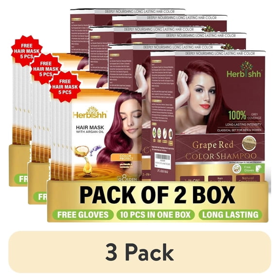 (3 pack) Herbishh Hair Color Shampoo for Grey Hair – Hair Dye Shampoo with Bio-Active Ingredients – Long Lasting Color – Travel-Friendly Pack (20 x 30ml Sachets) + 5 Pack Hair Mask Sachets (Grape Red)