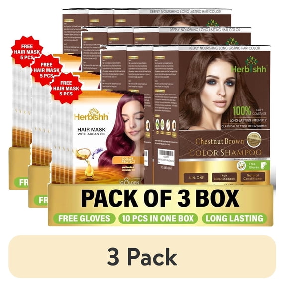 (3 pack) Herbishh Hair Color Shampoo for Grey Hair – Hair Dye Shampoo with Bio-Active Ingredients – Long Lasting Color – Travel-Friendly Pack (30 x 30ml Sachets) + 5 Pack Hair Mask Sachets (Chestnut Brown)