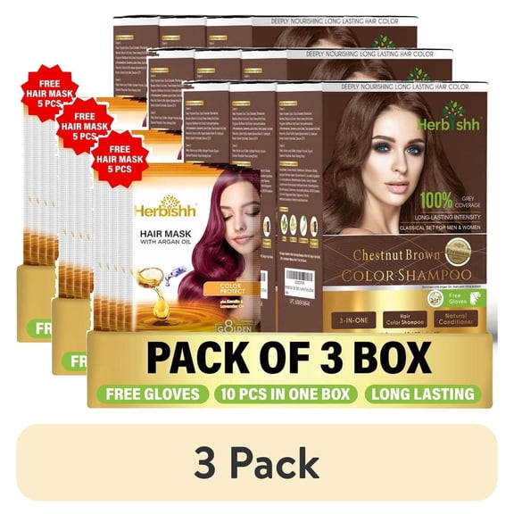 (3 pack) Herbishh Hair Color Shampoo for Grey Hair – Hair Dye Shampoo with Bio-Active Ingredients – Long Lasting Color – Travel-Friendly Pack (30 x 30ml Sachets) + 5 Pack Hair Mask Sachets (Chestnut Brown)