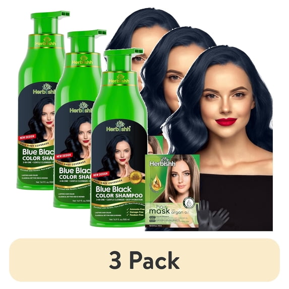 (3 pack) Herbishh Blue Black Hair Dye Shampoo 500ml, Color Shampoo for Grey Hair, 3-in-1 Natural Hair Dye, Ammonia-Free Formula, Hair Color for Women & Men