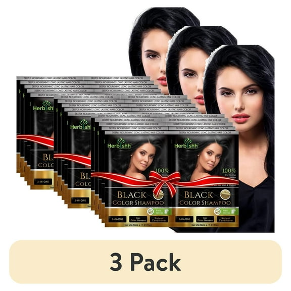 (3 pack) Herbishh Hair Color Shampoo for Gray Hair, Men & Women, Travel Size, 10+1 Pack (Black 30 ml)