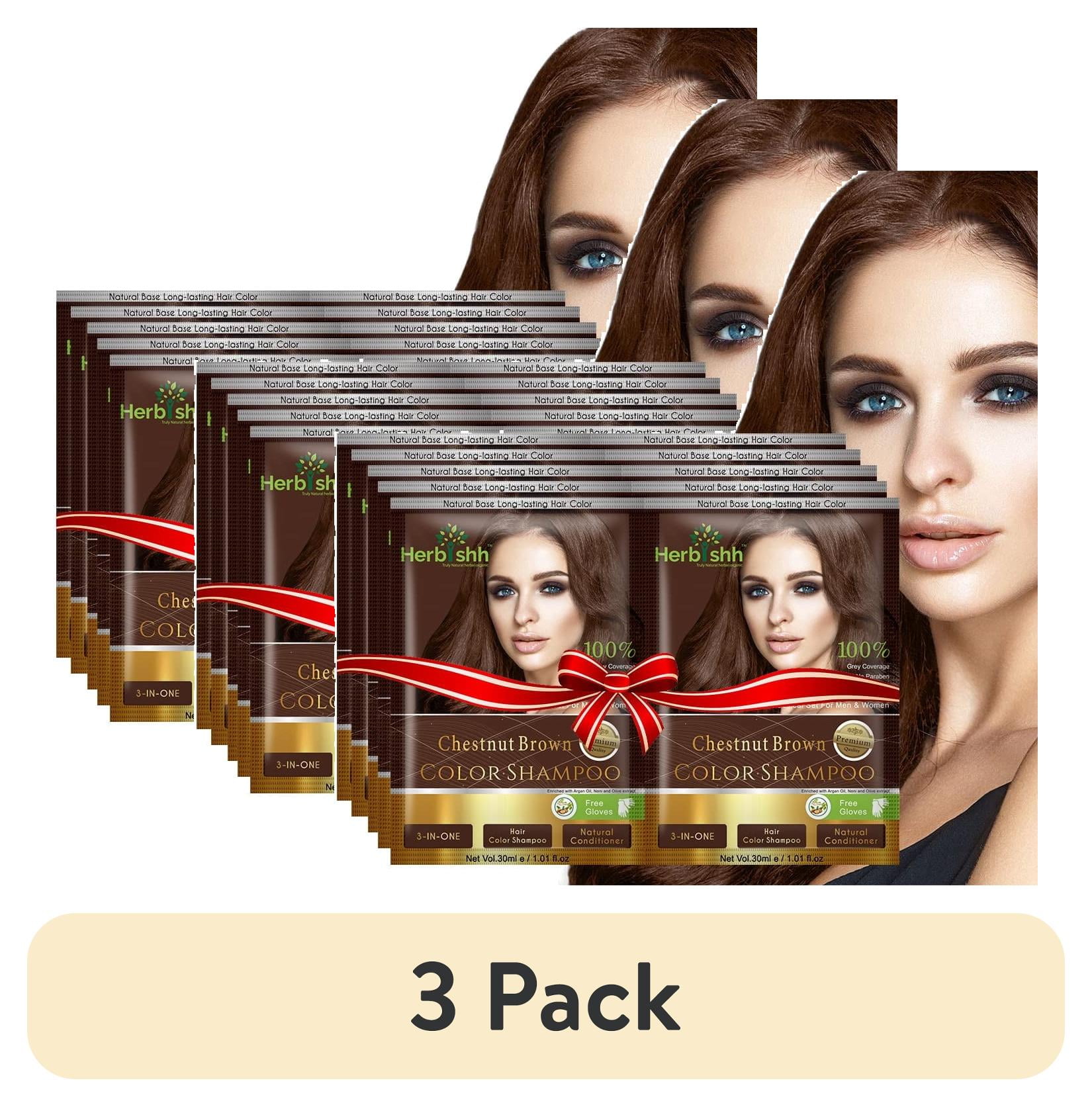 (3 pack) Herbishh Hair Color Shampoo for Gray Hair, Men & Women, Travel Size, 10+1 Pack (Chestnut Brown 30 ml)