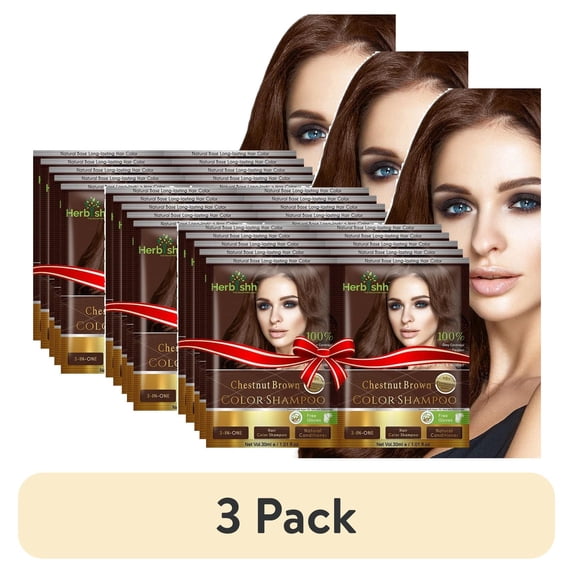 (3 pack) Herbishh Hair Color Shampoo for Gray Hair, Men & Women, Travel Size, 10+1 Pack (Chestnut Brown 30 ml)
