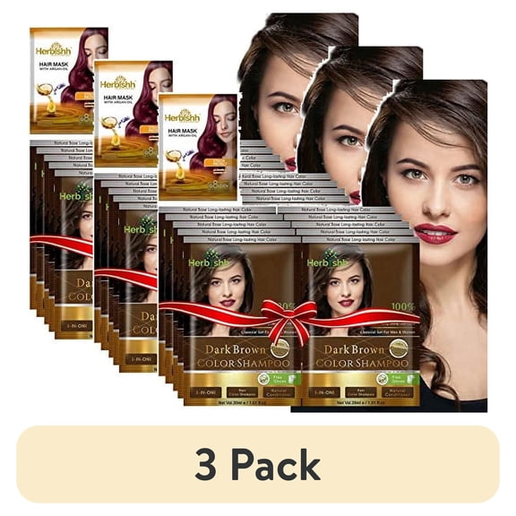 (3 pack) Herbishh Hair Color Shampoo for Grey Hair – Hair Dye Shampoo with Bio-Active Ingredients – Long Lasting Color – Travel-Friendly Pack (10 x 30ml Sachets) + 1 Pack Hair Mask Sachets (Dark Brown)