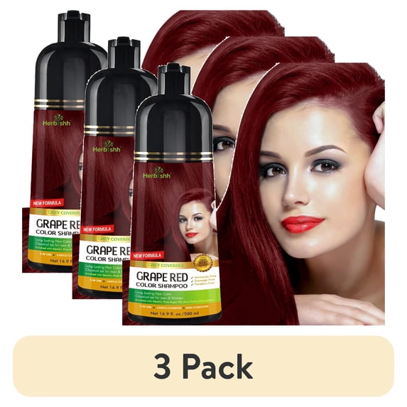 (3 pack) Herbishh Hair Color Shampoo for Gray Hair, Permanent, Men & Women (Grape Red 500ml)