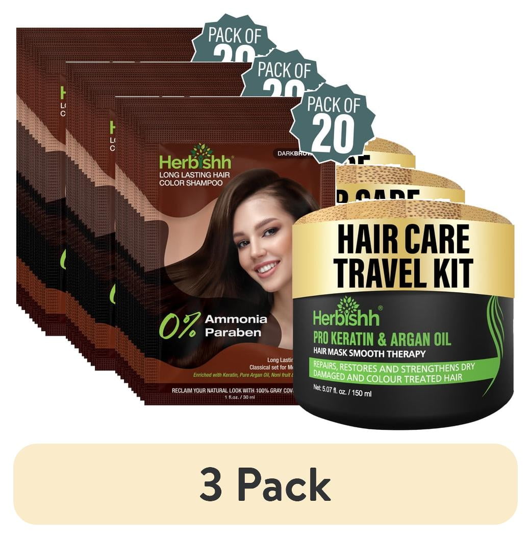 (3 pack) Herbishh Hair Dye Shampoo Dark Brown Color 3-in-1 Travel Pack (30ml x20) + Keratin Argan Oil Hair Mask for Dry, Damaged & Color Treated Hair, 150ml, Long Lasting Hair Color, For Women & Men