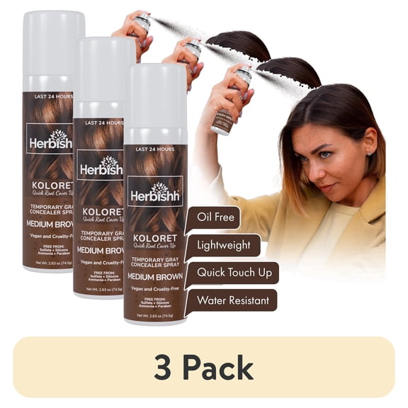 (3 pack) Herbishh Koloret Quick Root Touch Up Hair Color Spray Medium Brown (74.5g), Instant Gray & Medium Brown Root Cover Up, Temporary Hair Color Spray, Lightweight Non-Sticky Dye Mist, Travel Aerosol