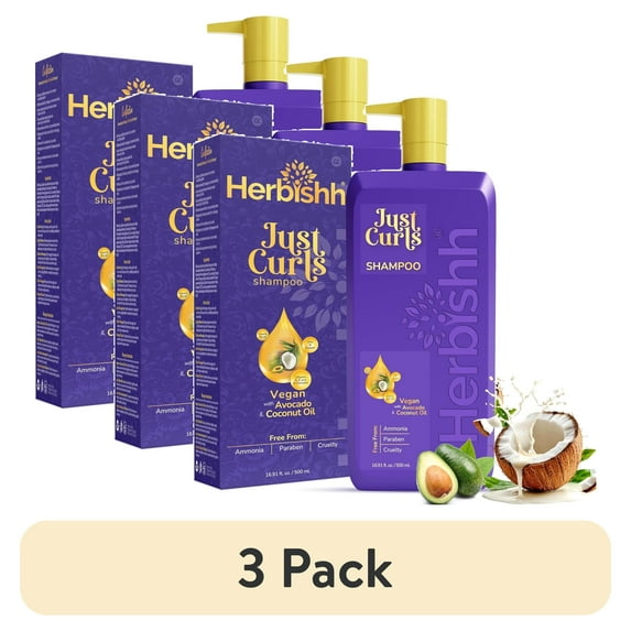 (3 pack) Herbishh Just Curls Vegan Shampoo for Curly Hair Products Kit Enriched with Avocado & Coconut Oil for Dry Damaged, Wavy, Curly Hair Gift set for Women & Men (500ml)