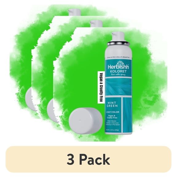 (3 pack) Herbishh Koloret Mint Green Temporary Hair Color Spray (69g), Washable Dye Mist for Dark Hair, Fast-Drying, Non-Sticky Green Spray for Women, Travel-Sized Root Touch Up Aerosol Mist