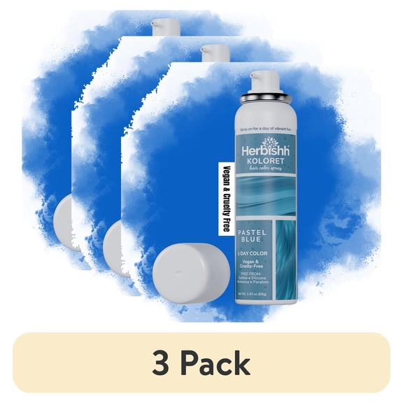(3 pack) Herbishh Koloret Pastel Blue Hair Tint Spray (69g), Washable Temporary Color Mist for Light & Dark Strands, Quick-Dry, Non-Sticky, Travel-Friendly Root Touch Up for Women