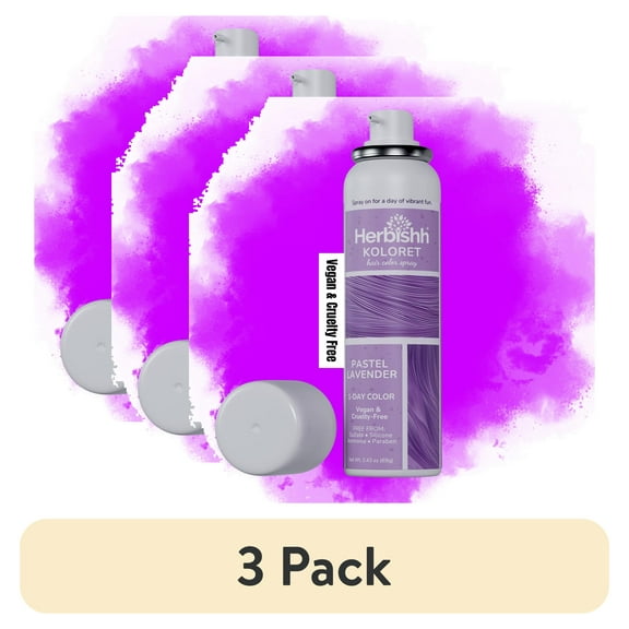 (3 pack) Herbishh Koloret Pastel Lavender Hair Tint Spray (69g), Washable Temporary Dye Mist for Light & Dark Hair, Quick-Dry, Non-Sticky, Travel-Friendly Root Touch Up Spray for Women