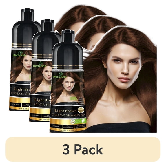 (3 pack) Herbishh Light Brown Hair Dye Shampoo 500ml, Long Lasting Color Shampoo for Grey Hair, 3-in-1 Natural Hair Dye, Ammonia-Free Formula, Hair Color for Women & Men,