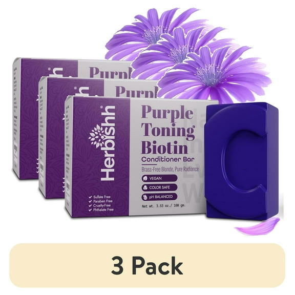 (3 pack) Herbishh Purple Toning Conditioner Bar for Blonde, Silver & Gray Hair, Neutralizes Brassiness, Adds Shine & Moisture, Biotin Conditioner Bar, Sulfate-Free, Eco-Friendly, Travel-Ready, 3.53 oz