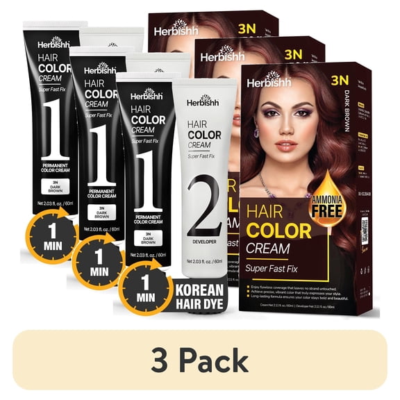(3 pack) Herbishh Rapid Infusion Hair Color Cream 3N Dark Brown Hair Dye Permanent One Minute with Comb Applicator, Hair Color for Gray Hair Coverage, Ammonia-Free, Patented Korean Technology, 2.03 fl. Oz