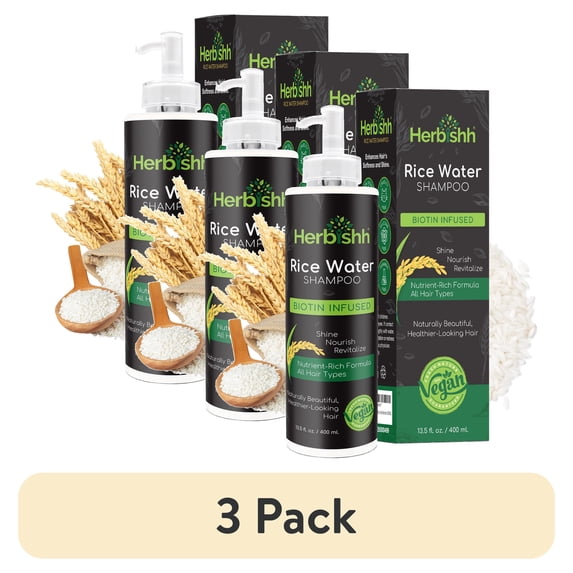 (3 pack) Herbishh Rice Water Hair Growth Shampoo - 400ml with Power of Castor Oil, Argan & Coconut Oil & Biotin | All Hair Type | Hair regrowth for Thinning Hair, Moisturizing & Volumizing | Silicone Free