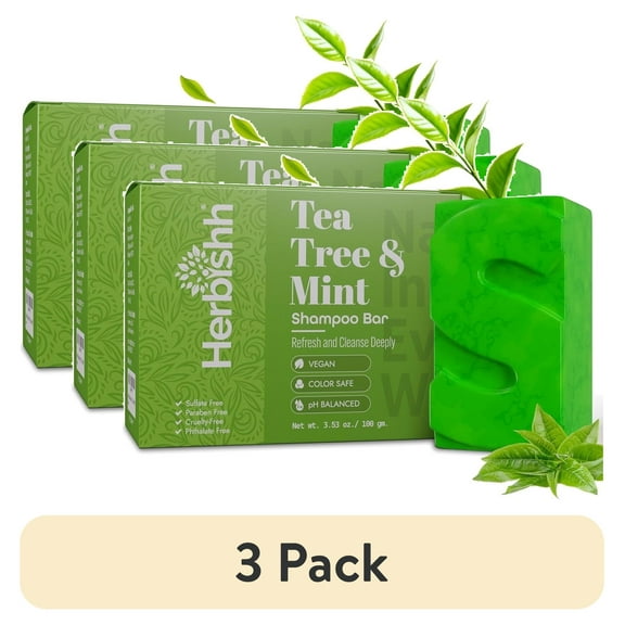 (3 pack) Herbishh Tea Tree & Mint Shampoo Bar – Tea Tree Oil Soap Bar for Oily Hair & Scalp Cleanse – Solid Travel Size Shampoo for Men & Women – Minty Deep Cleansing, 3.53 oz