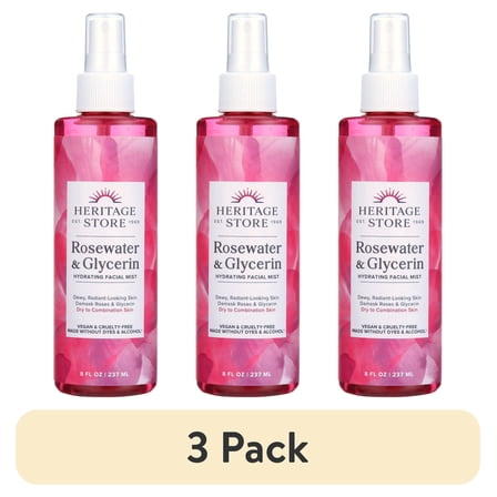 (3 pack) Heritage Store Rosewater & Glycerin Hydrating Facial Mist, for Dry Combination Skin Care, Rose Water Spray for Face with Vegetable Glycerine, Made Without Dyes or Alcohol, Vegan & Cruelty Free, 8oz
